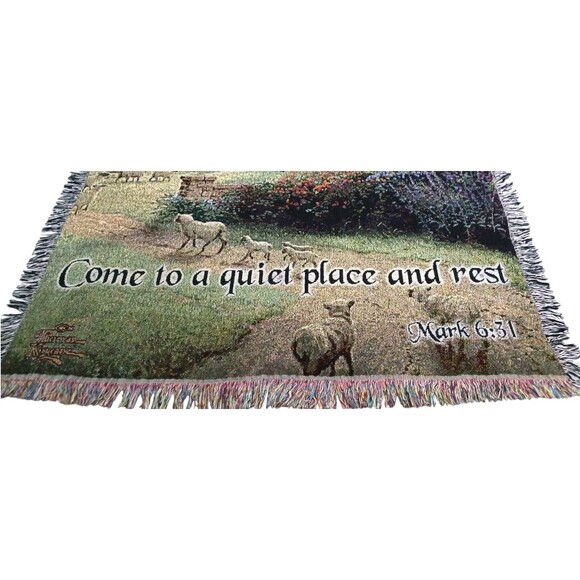 Thomas Kinkade Tapestry Throw Blanket Good Shepherds Cottage Mark 6:31 Sympathy - Picture 3 of 6